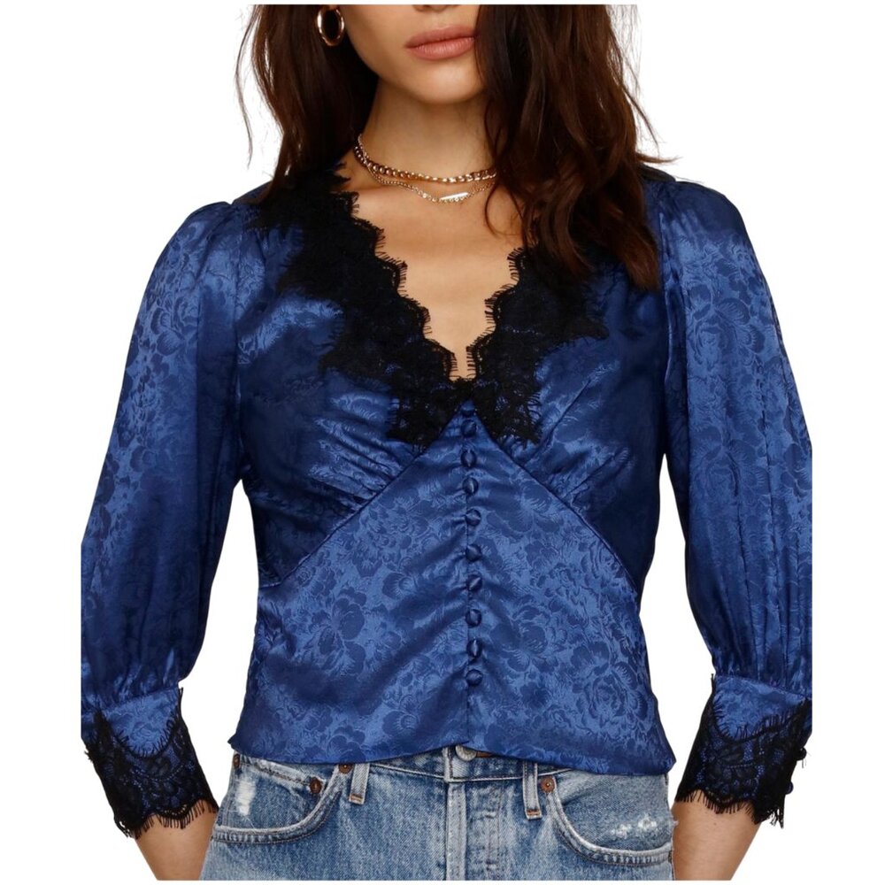 Heartloom Miriam Top size S small navy blue blouse black lace jacquard buttons